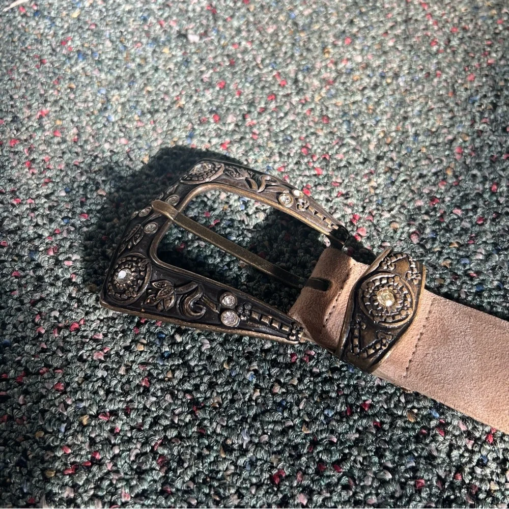 Big Buckle Brass Country Ranch Western Style Tan Suede Thick Belt Accessory L-XL